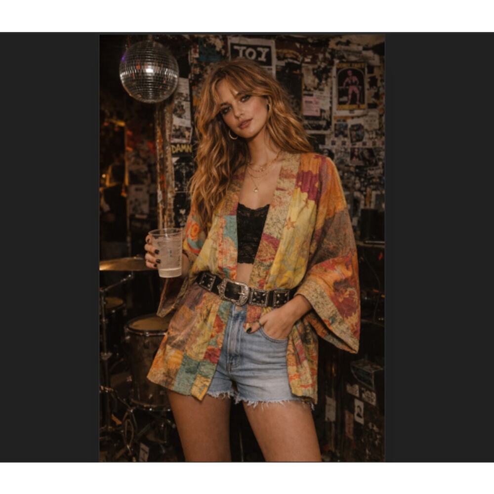 Whimsy Boho Patchwork Kimono Open Front Jacket M/L Orange Blue Festival Top